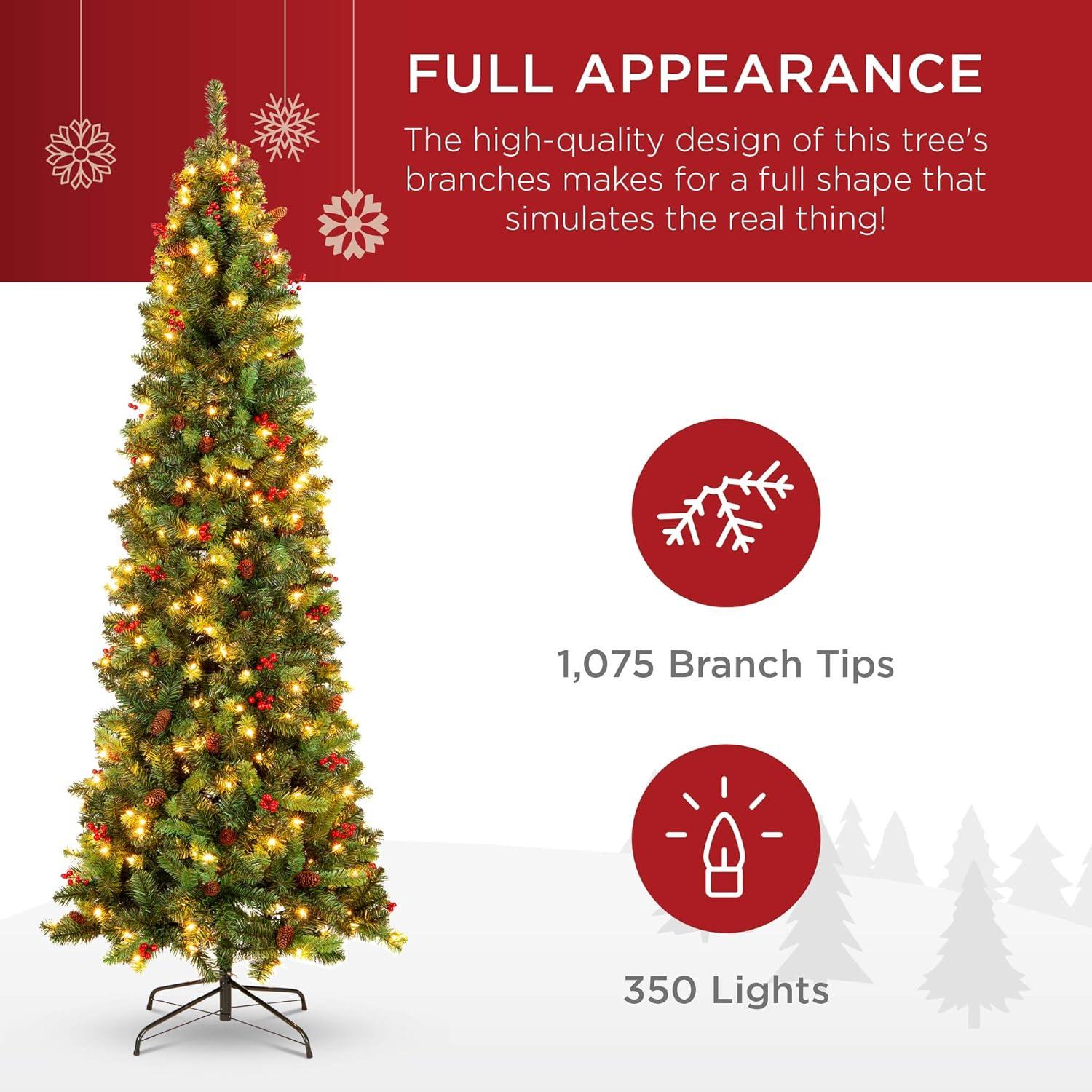 imageBest Choice Products 6ft PreLit Spruce Pencil Christmas Tree PreDecorated for Home Office Party Holiday Decoration w 618 Tips 250 Lights Pine Cones Metal Hinges ampamp Base  Green75ft