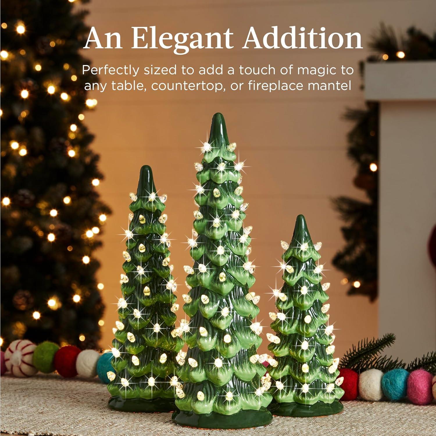 imageBest Choice Products Set of 3 XL Ceramic Christmas Trees PreLit HandPainted Tabletop Holiday Dcor wMulticolor Bulbs LED Lights  GreenGreen W Warm White Lights