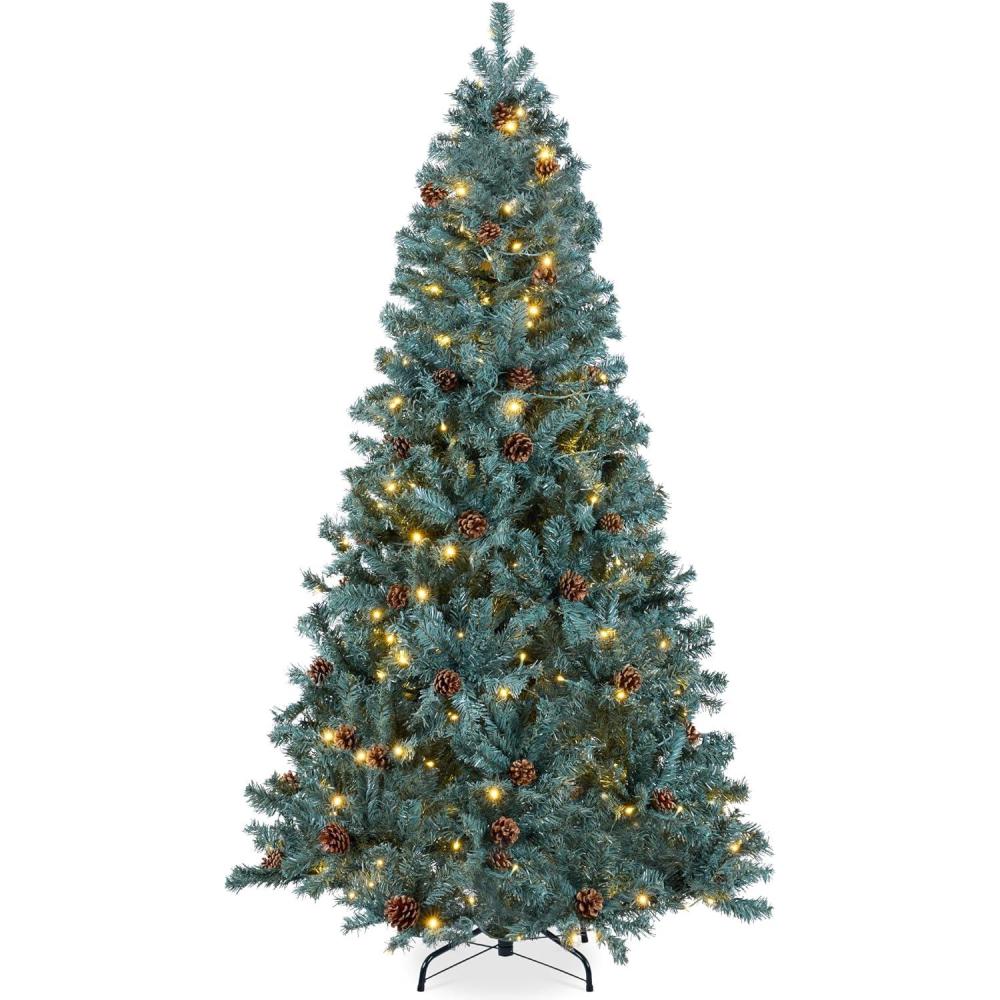 imageBest Choice Products 6ft PreLit PreDecorated Pine Artificial Christmas Tree w 1000 Flocked Frosted Tips 59 Pinecones 250 Lights Base  Blue SpruceBlue Spruce