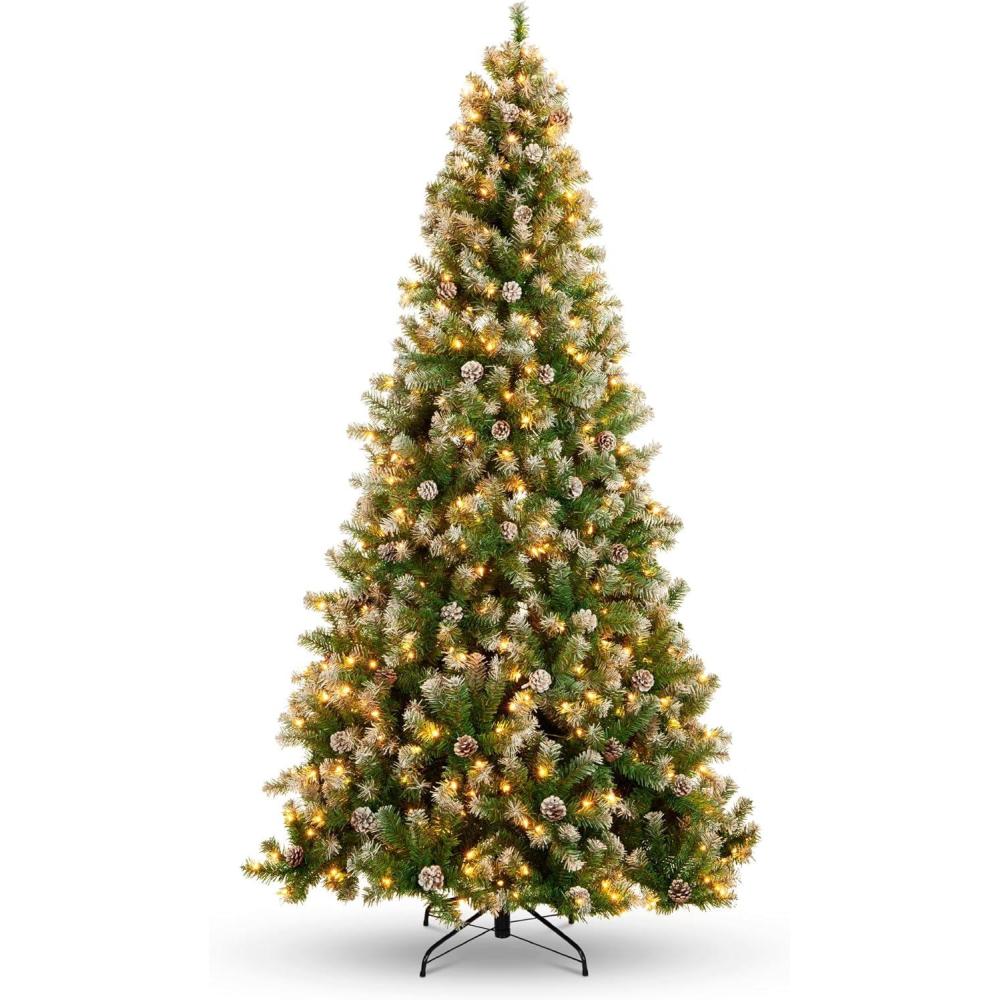 imageBest Choice Products 6ft PreLit PreDecorated Pine Artificial Christmas Tree w 1000 Flocked Frosted Tips 59 Pinecones 250 Lights Base  Blue SpruceFlocked Green