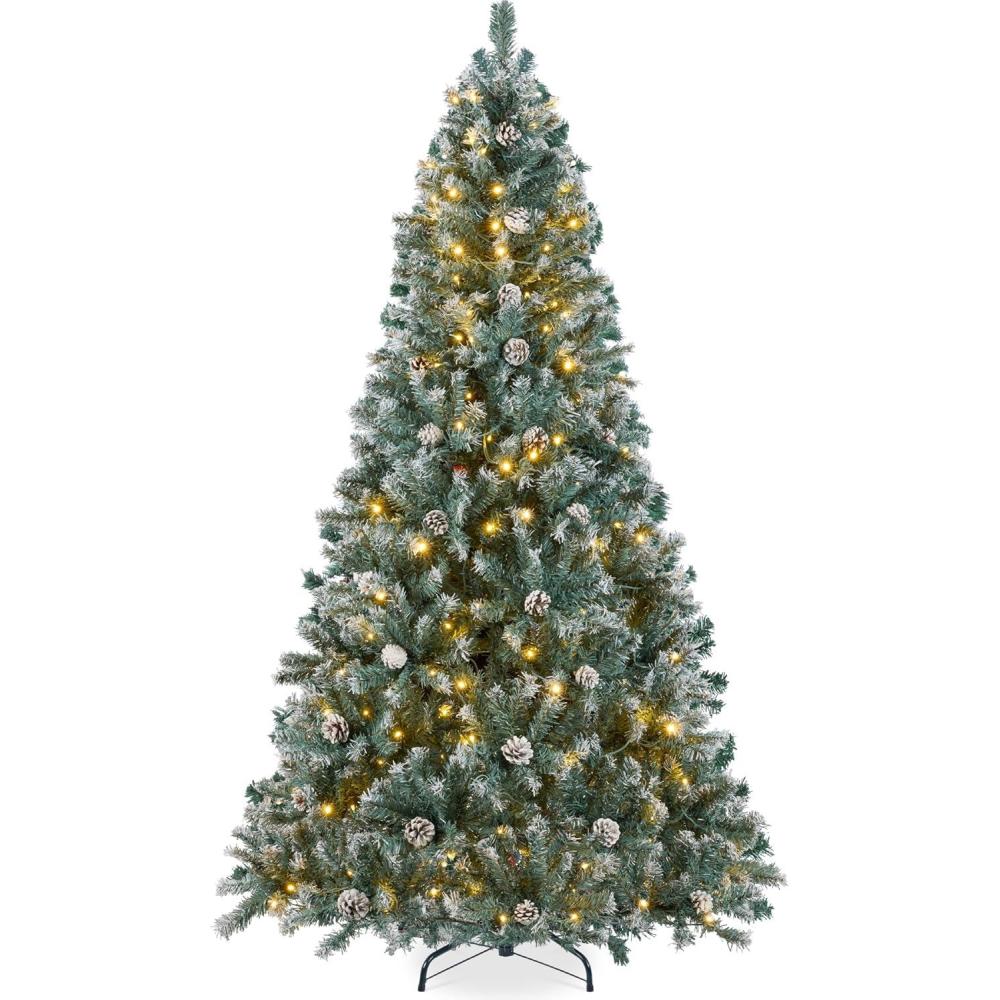imageBest Choice Products 6ft PreLit PreDecorated Pine Artificial Christmas Tree w 1000 Flocked Frosted Tips 59 Pinecones 250 Lights Base  Blue SpruceFlocked Blue Spruce