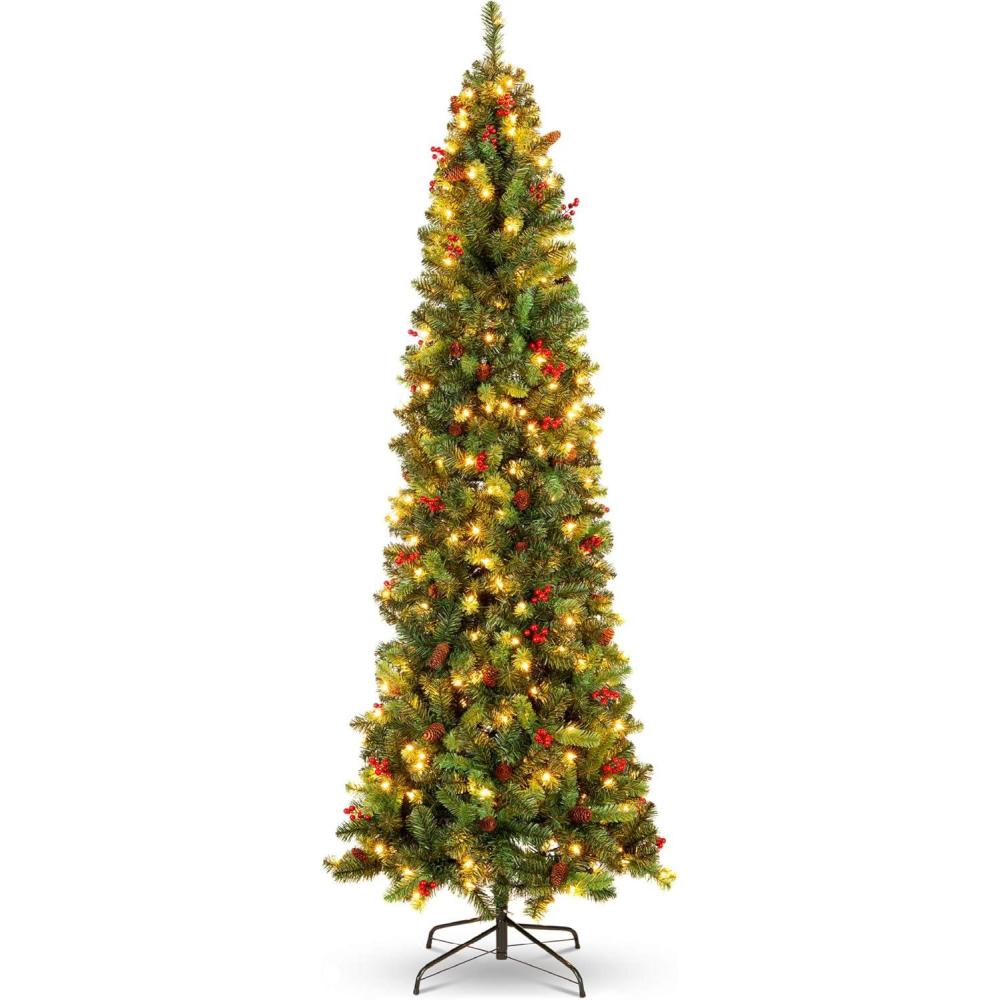 imageBest Choice Products 6ft PreLit Spruce Pencil Christmas Tree PreDecorated for Home Office Party Holiday Decoration w 618 Tips 250 Lights Pine Cones Metal Hinges ampamp Base  Green12ft