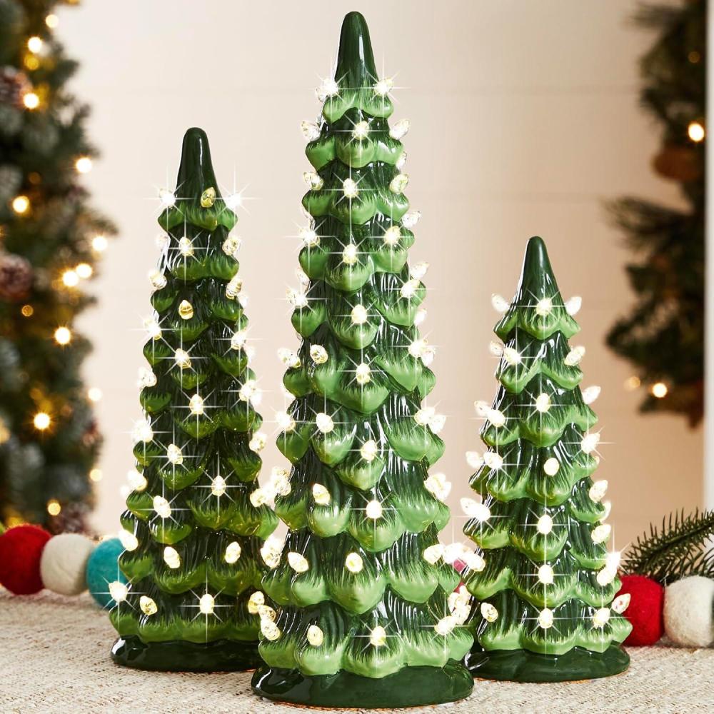 imageBest Choice Products Set of 3 XL Ceramic Christmas Trees PreLit HandPainted Tabletop Holiday Dcor wMulticolor Bulbs LED Lights  GreenGreen W Warm White Lights