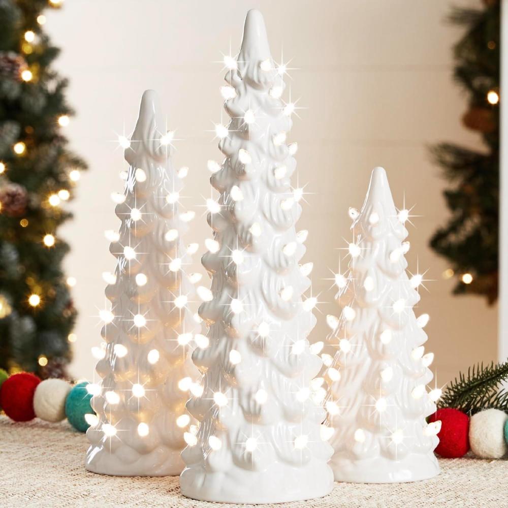 imageBest Choice Products Set of 3 XL Ceramic Christmas Trees PreLit HandPainted Tabletop Holiday Dcor wMulticolor Bulbs LED Lights  GreenWhite W Warm White Lights