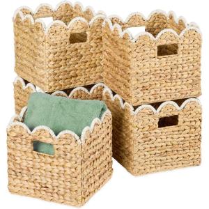 imageBest Choice Products 12 x 12in Scalloped Hyacinth Baskets Rustic Set Of 5 Multipurpose Collapsible Storage Organizer Handwoven Laundry Totes for Bedroom Living Room Shelves  Natural wWhite TrimNatural with White Trim