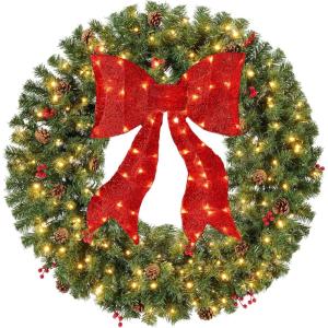 imageBest Choice Products 36in PreLit Christmas Wreath wBerries ampamp Pinecones Large Artificial IndoorOutdoor Decor for Door Mantel wRed Bow PluginGreen Spruce  Decorated