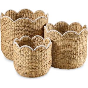 imageBest Choice Products 3pc Water Hyacinth Scalloped Multipurpose Nesting Baskets Storage Bin Organization Totes for Living Room Bedroom Nursery Laundry Room ChestnutNatural with White Trim