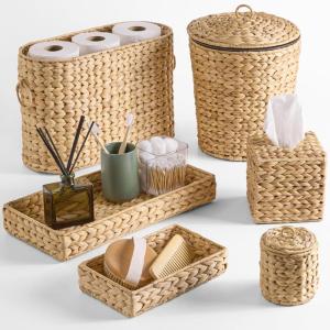 imageBest Choice Products 6Pc Water Hyacinth Bathroom Storage Set Includes Trays Trash Bin Toilet Paper Storage Tissue Box Cover Garbage Can For Bathroom Bedroom Office Living Room  NaturalNatural