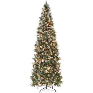 imageBest Choice Products 6ft Prelit Pencil Christmas Tree Partially Flocked ampamp Frosted Slim Holiday Tree Decoration Skinny Xmas Tree 250 Lights 618 Frosted Tips 50 Pine Cones Foldable StandFrosted Green Spruce
