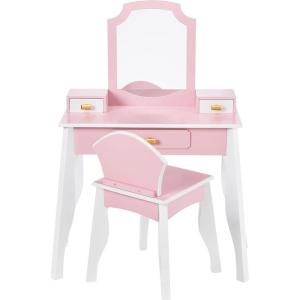 imageBest Choice Products Kids Wooden Pretend Play Vanity and Chair Set wMirror Little Girls Makeup Table for Toddlers with 3 Storage Drawers PinkPink