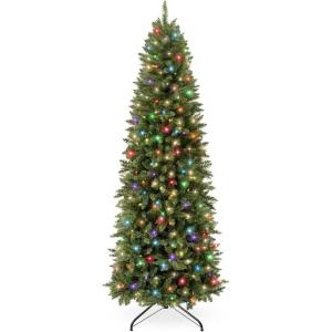 imageBest Choice Products Prelit Pencil Christmas Tree 75ft Premium Artificial Tree Realistic Lighted Spruce Holiday Decor wWarm White Lights BaseGreen W Multicolor Lights