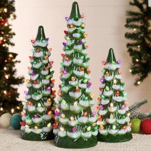 imageBest Choice Products Set of 3 XL Ceramic Christmas Trees PreLit HandPainted Tabletop Holiday Dcor wMulticolor Bulbs LED Lights  GreenFlocked Green W Multicolor Lights