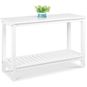 imageBest Choice Products 48in 2Shelf Eucalyptus Wooden Console Table Indoor Outdoor Multifunctional Buffet Bar Storage Organizer wFoot Sliders  NaturalWhite