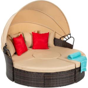 imageBest Choice Products 5Piece Modular Patio Wicker Daybed Sectional Conversation Lounger Set w 2in1 Setup Adjustable Seats Clips Retractable Canopy Cover WeatherResistant Cushions  BeigeBeige