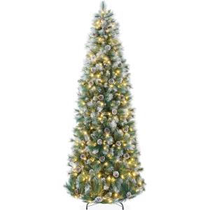 imageBest Choice Products PreLit Scotch Pine Pencil Christmas Tree 6ft Premium Skinny PreDecorated Holiday Decor wWhite and Multicolor LED LightsFrosted