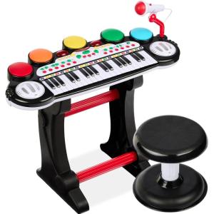 imageBest Choice Products 37Key Kids Electronic Musical Instrument Piano Learning Toy Keyboard w Multiple Sounds Lights Microphone Stool  Light PinkBlack
