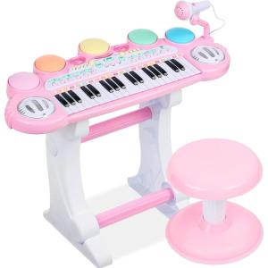 imageBest Choice Products 37Key Kids Electronic Musical Instrument Piano Learning Toy Keyboard w Multiple Sounds Lights Microphone Stool  Light PinkLight Pink