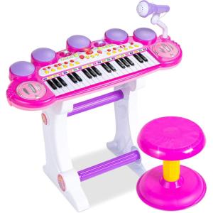 imageBest Choice Products 37Key Kids Electronic Musical Instrument Piano Learning Toy Keyboard w Multiple Sounds Lights Microphone Stool  Light PinkPink