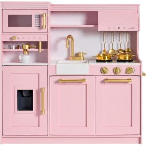 imageBest Choice Products Pretend Play Kitchen for Kids Interactive Wooden Toddler Playset with Espresso Machine Toy Storage 17 Accessories  WhitePink
