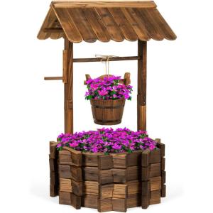 imageBest Choice Products Rustic Wooden Wishing Well Planter Outdoor Home Dcor for Patio Garden Yard wHanging Bucket