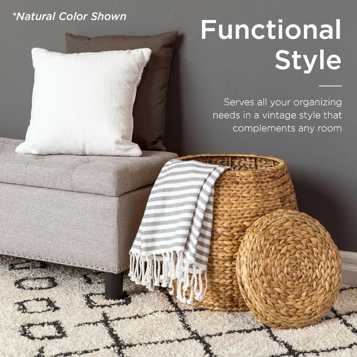 imageBest Choice Products Scalloped Multipurpose Hyacinth Storage Basket Plant Dcor Handwoven Organizer Tote for Bedroom Living Room Nursey wLid  Natural with White TrimChestnut