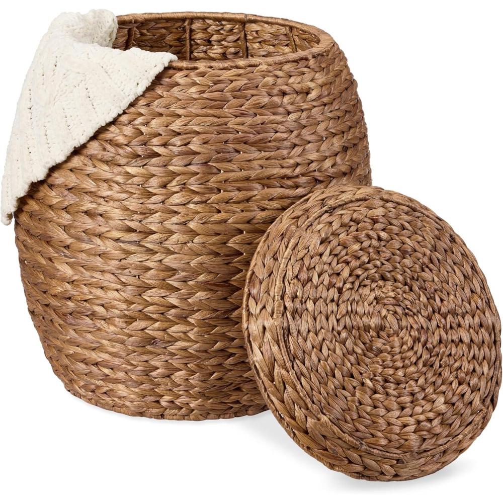 imageBest Choice Products Scalloped Multipurpose Hyacinth Storage Basket Plant Dcor Handwoven Organizer Tote for Bedroom Living Room Nursey wLid  Natural with White TrimChestnut