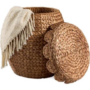imageBest Choice Products Scalloped Multipurpose Hyacinth Storage Basket Plant Dcor Handwoven Organizer Tote for Bedroom Living Room Nursey wLid  Natural with White TrimScallop  Chestnut