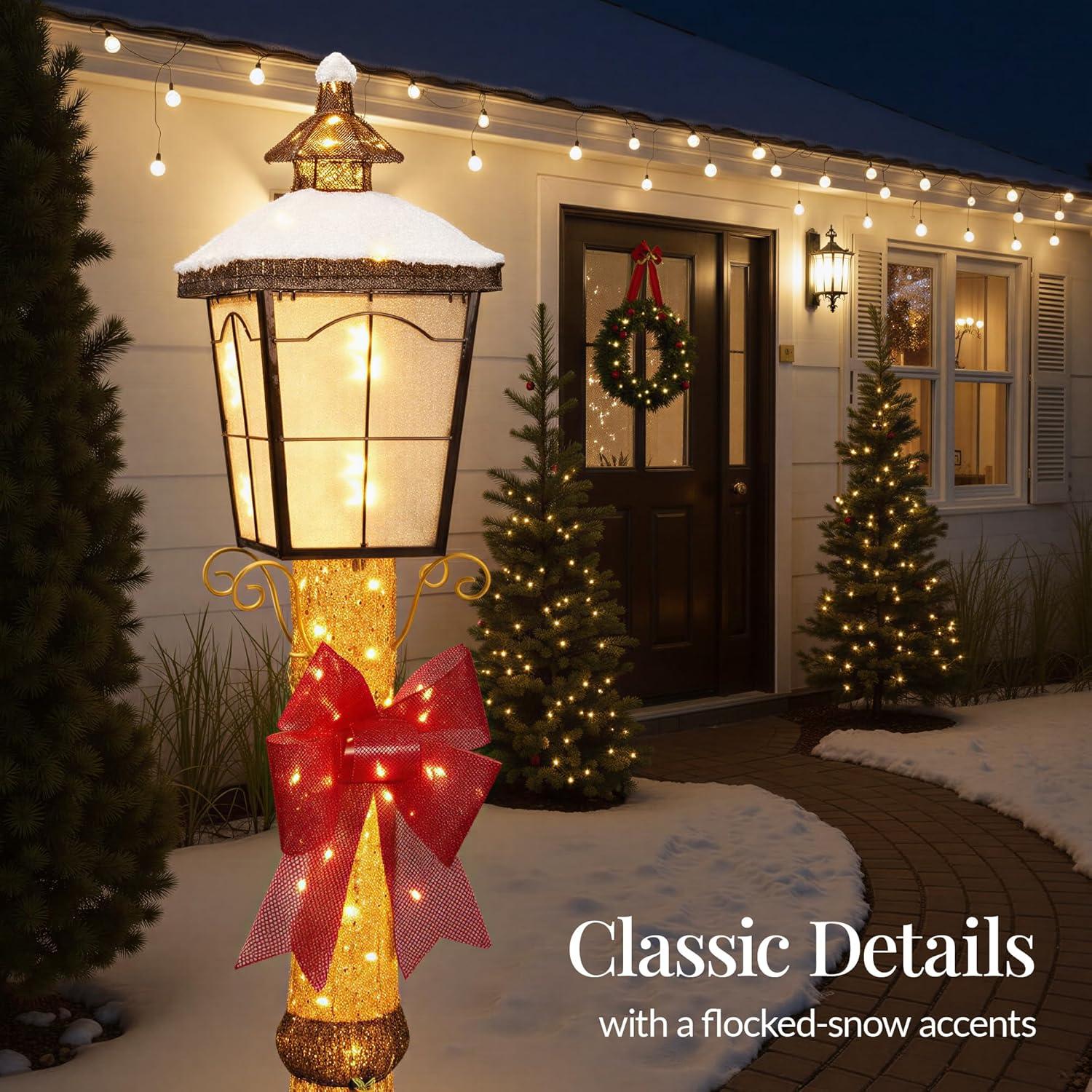 imageBest Choice Products Large Outdoor Christmas Lamppost Decoration 6ft Tall with Lighted Bow 100 LED Lights Holiday Porch Lamp Post Decor Gold