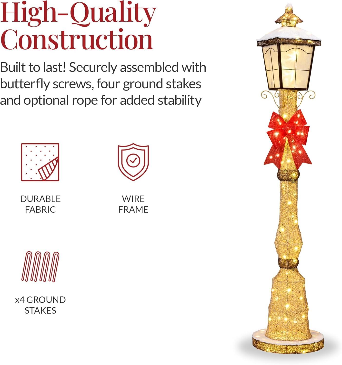 imageBest Choice Products Large Outdoor Christmas Lamppost Decoration 6ft Tall with Lighted Bow 100 LED Lights Holiday Porch Lamp Post Decor Gold