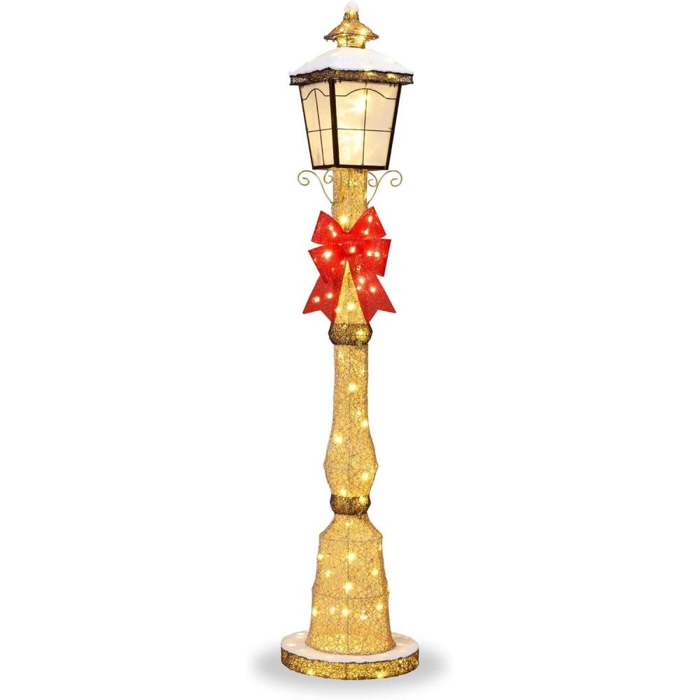 imageBest Choice Products Large Outdoor Christmas Lamppost Decoration 6ft Tall with Lighted Bow 100 LED Lights Holiday Porch Lamp Post Decor Gold