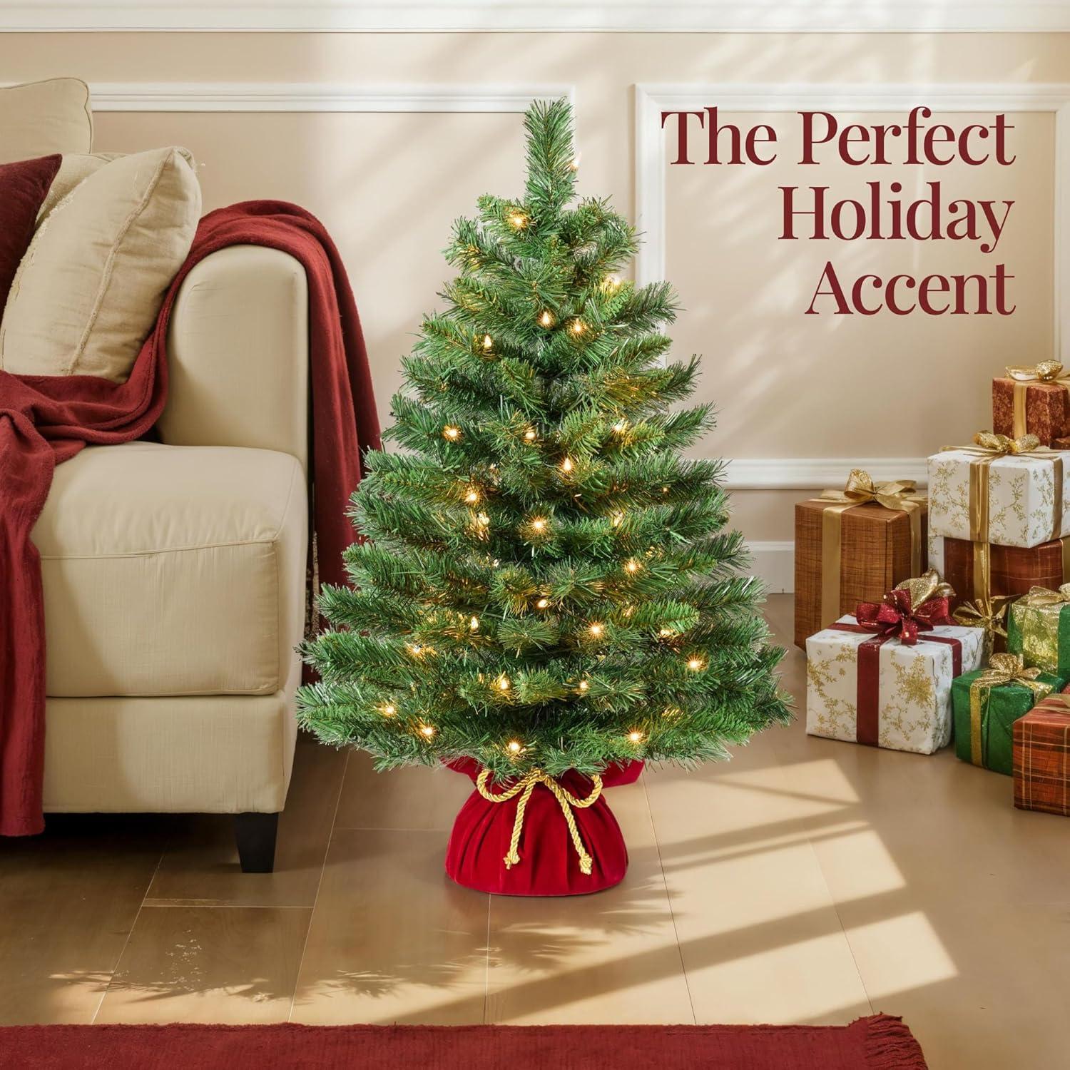 imageBest Choice Products PreLit Decorative Christmas Tree 3ft Artificial Holiday Desktop Accent with Warm White Lights Red Velvet Cover ampamp Gold Cord