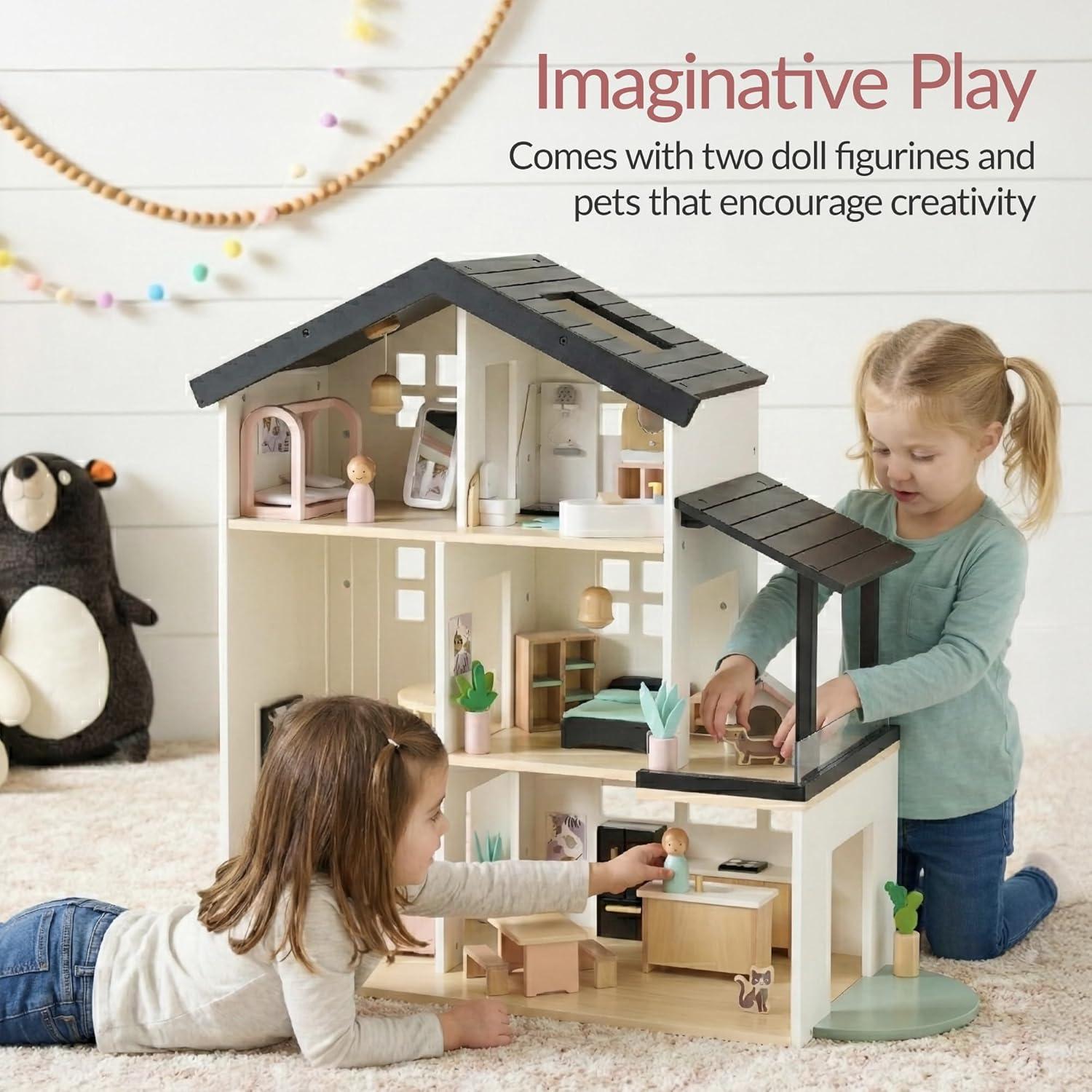 imageBest Choice Products Pretend Play Wooden Doll House with 40 Interactive Accessories 3Story Modern Toy Dollhouse Playset with 6 Rooms for Kids
