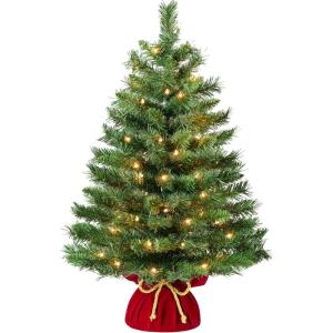 imageBest Choice Products PreLit Decorative Christmas Tree 3ft Artificial Holiday Desktop Accent with Warm White Lights Red Velvet Cover ampamp Gold Cord