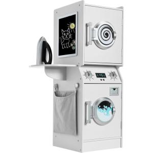 imageBest Choice Products Pretend Play Kids Wooden Stacked Washer ampamp Dryer Set with Toy Laundry Storage SpaceSaving Design with Accessories  PinkWhite