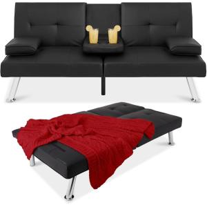 imageBest Choice Products Faux Leather Upholstered Modern Convertible Futon Adjustable Folding Sofa Bed Guest Bed wRemovable Armrests  WhiteBlack