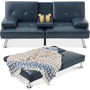 imageBest Choice Products Faux Leather Upholstered Modern Convertible Futon Adjustable Folding Sofa Bed Guest Bed wRemovable Armrests  WhiteBlue