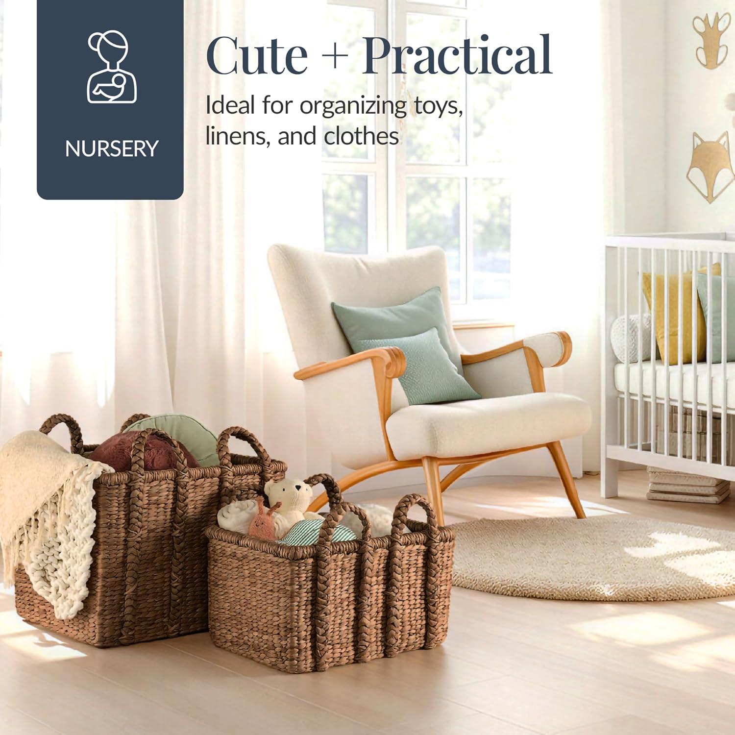 imageBest Choice Products Set of 3 Large Water Hyacinth Handwoven Rectangular Baskets Nesting Decorative Storage Bins wHandles Multipurpose Shelf Basket  NaturalChestnut