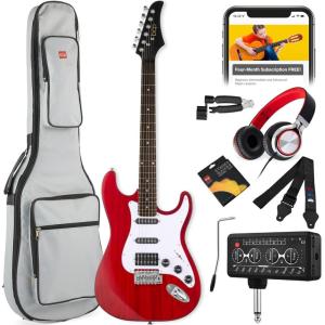 imageBest Choice Products Beginner HSS Electric Guitar Kit wHeadphone Amp Padded GigBag Headphones Guitar Strap  Natural FlametopBlackCherry RedWhite