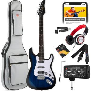 imageBest Choice Products Beginner HSS Electric Guitar Kit wHeadphone Amp Padded GigBag Headphones Guitar Strap  Natural FlametopBlackHollywood BlueWhite
