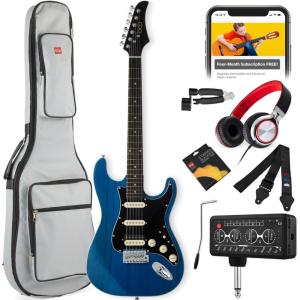 imageBest Choice Products Beginner HSS Electric Guitar Kit wHeadphone Amp Padded GigBag Headphones Guitar Strap  Natural FlametopBlackMidnight BlueBlack