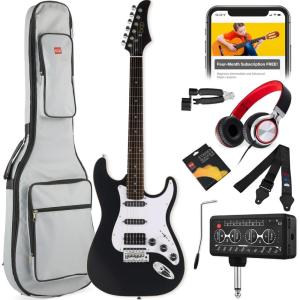 imageBest Choice Products Beginner HSS Electric Guitar Kit wHeadphone Amp Padded GigBag Headphones Guitar Strap  Natural FlametopBlackSatin BlackWhite