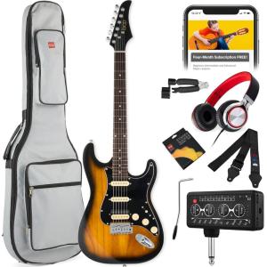 imageBest Choice Products Beginner HSS Electric Guitar Kit wHeadphone Amp Padded GigBag Headphones Guitar Strap  Natural FlametopBlackSunburstBlack