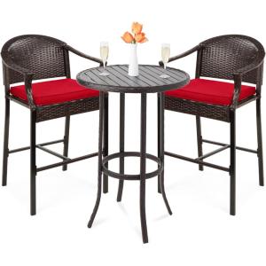 image:imageBest Choice Products 3Piece Patio Bar Table Set Outdoor Wicker Bar Height Bistro Furniture for Backyard Poolside Balcony wBarstools Cushions Steel Frame  BrownRedBrownRed