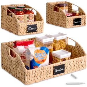 image:imageBest Choice Products Natural Hyacinth Angled Pantry Storage Baskets Large Woven Wicker Storage Bins wHandles Storage Container Baskets for Shelves Chalkboard Label amp Marker Set of 3  ChestnutNatural
