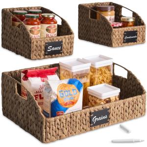 image:imageBest Choice Products Natural Hyacinth Angled Pantry Storage Baskets Large Woven Wicker Storage Bins wHandles Storage Container Baskets for Shelves Chalkboard Label amp Marker Set of 3  ChestnutChestnut