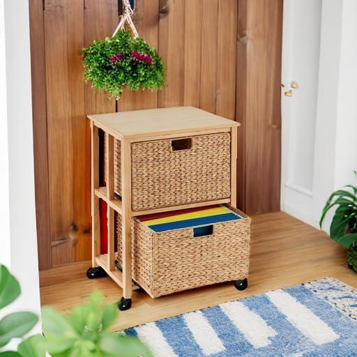 image:imageBest Choice Products Vertical Rolling File Cabinet Multipurpose Portable Water Hyacinth Basket Organizer for Home Office Workspace wRubberwood Frame Metal Sliders Locking Caster Wheels  NaturalNatural
