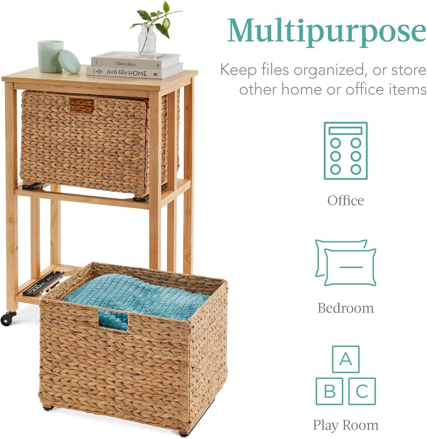 image:imageBest Choice Products Vertical Rolling File Cabinet Multipurpose Portable Water Hyacinth Basket Organizer for Home Office Workspace wRubberwood Frame Metal Sliders Locking Caster Wheels  NaturalNatural