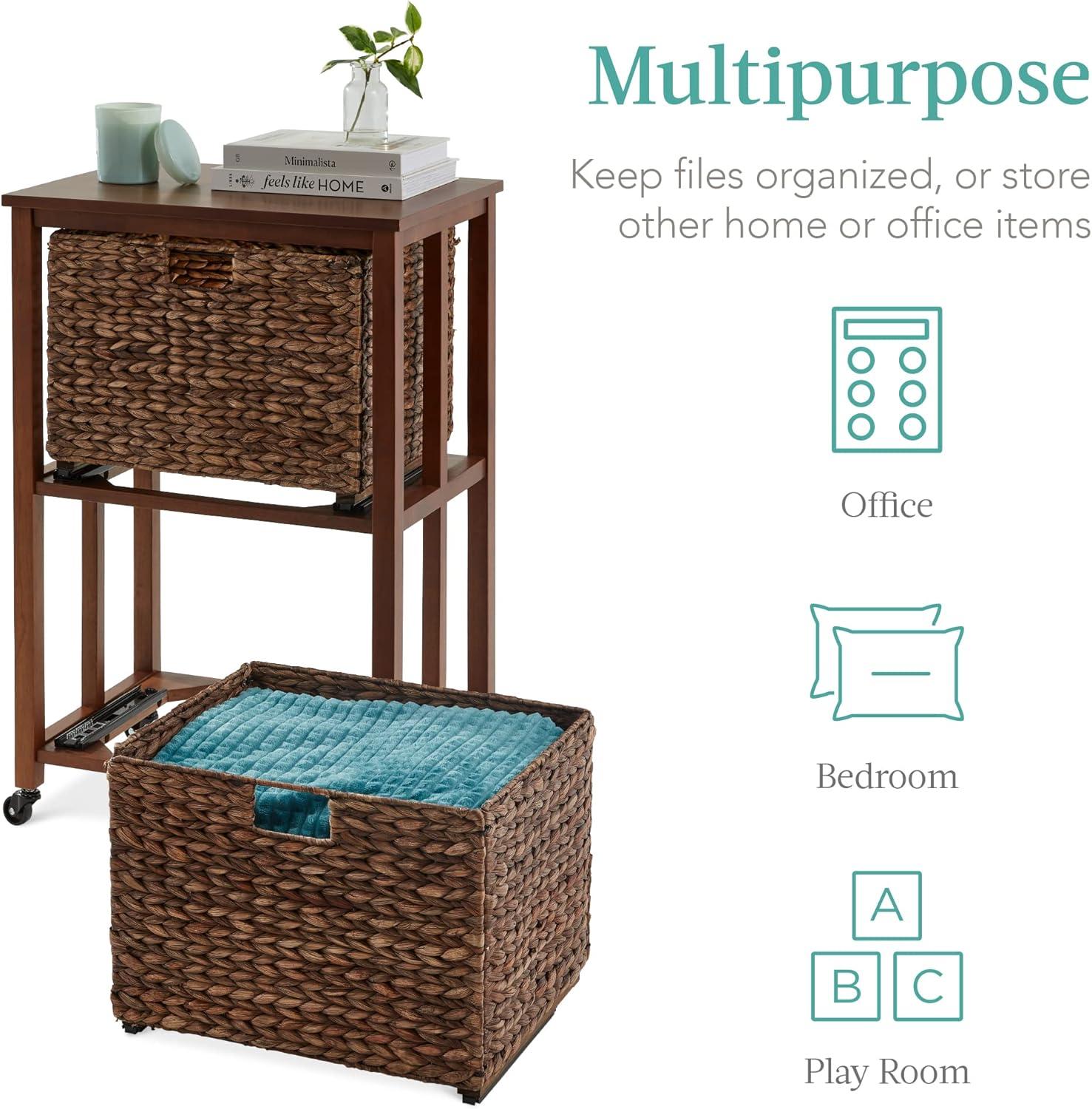 image:imageBest Choice Products Vertical Rolling File Cabinet Multipurpose Portable Water Hyacinth Basket Organizer for Home Office Workspace wRubberwood Frame Metal Sliders Locking Caster Wheels  NaturalMocha