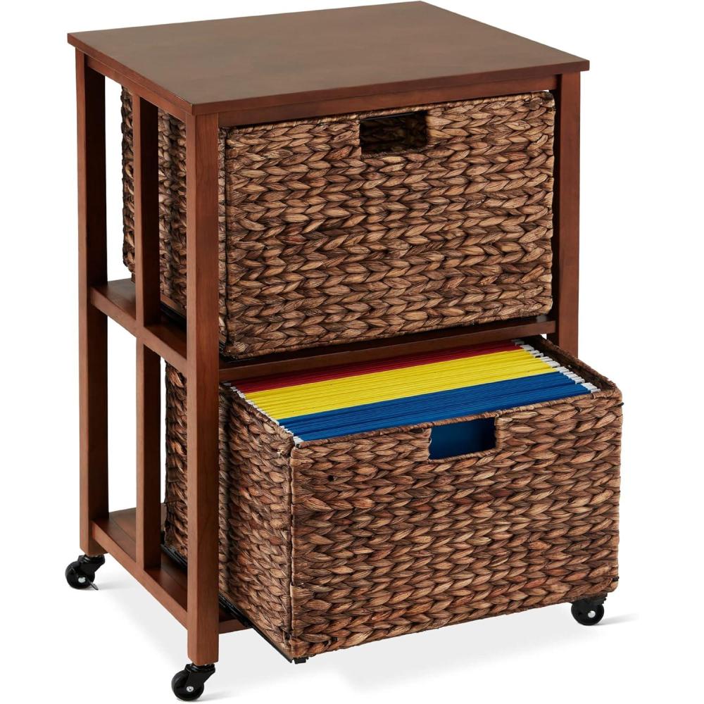 image:imageBest Choice Products Vertical Rolling File Cabinet Multipurpose Portable Water Hyacinth Basket Organizer for Home Office Workspace wRubberwood Frame Metal Sliders Locking Caster Wheels  NaturalMocha