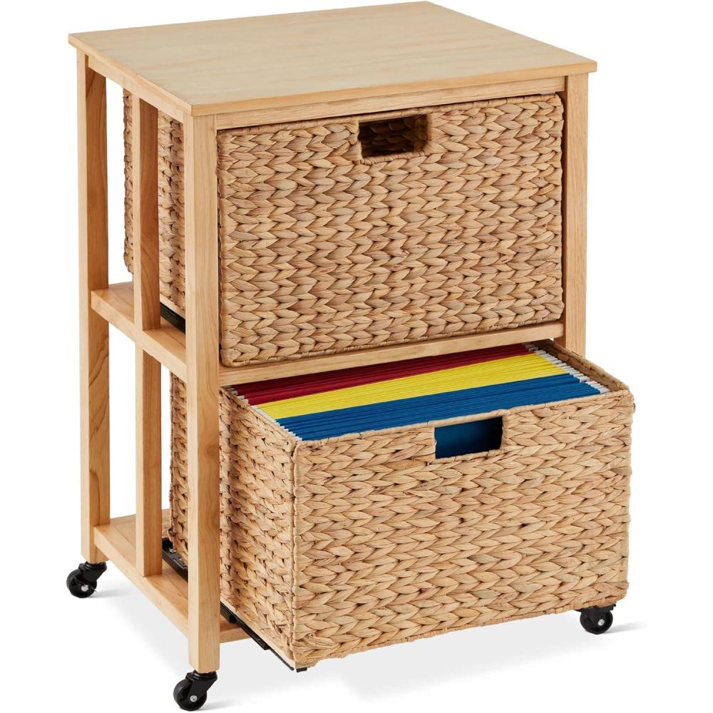 image:imageBest Choice Products Vertical Rolling File Cabinet Multipurpose Portable Water Hyacinth Basket Organizer for Home Office Workspace wRubberwood Frame Metal Sliders Locking Caster Wheels  NaturalNatural